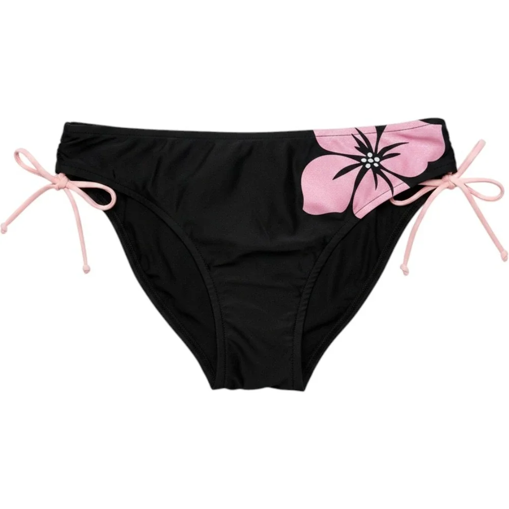 Xhilaration Women's Black Pink Hibiscus Flower Bikini‎ Bottoms Side Tie Large L